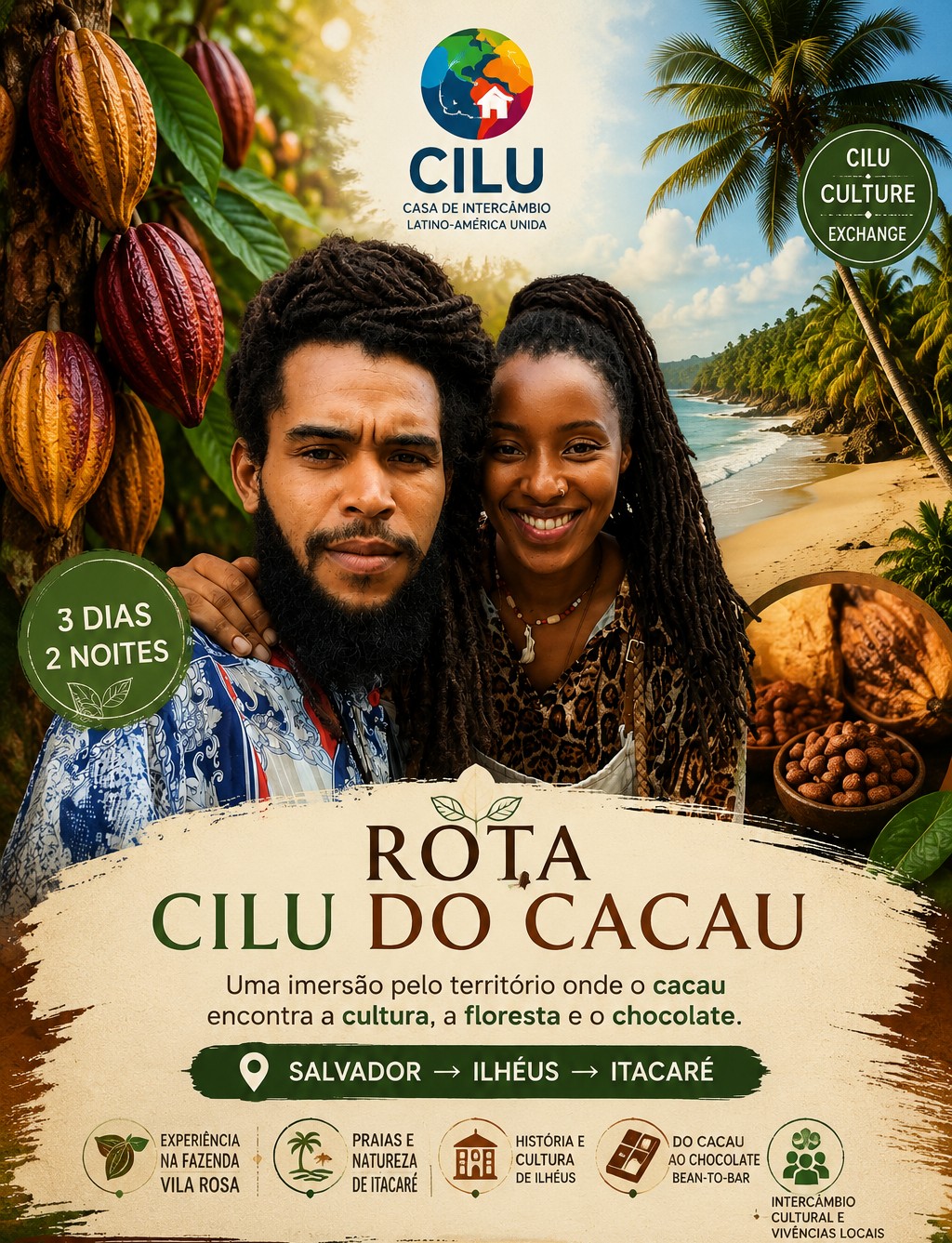 Cartaz da Rota CILU do Cacau — Salvador, Ilhéus e Itacaré